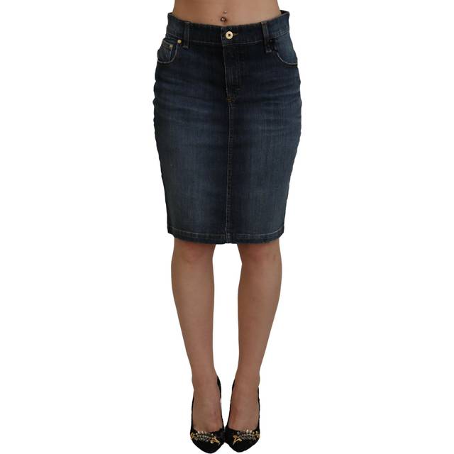 Dark Blue Washed Mid Waist Pencil Cut Denim Skirt - IT40|S