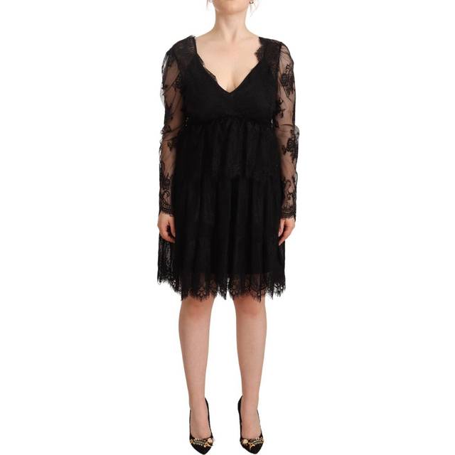 Aniye By Black Floral Lace Cotton Long Sleeves V-neck Shift Dress - IT44|L
