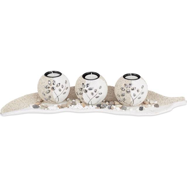 Relaxdays - Tealight Holder Set, Leaf Bowl, Deco Sand, Candle Stand, Atmospheric Display Piece, Tabletop, Beige-White