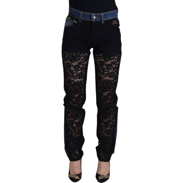 Dolce & Gabbana Black Floral Lace Front Skinny Denim Jeans - IT40|S - Black and Blue