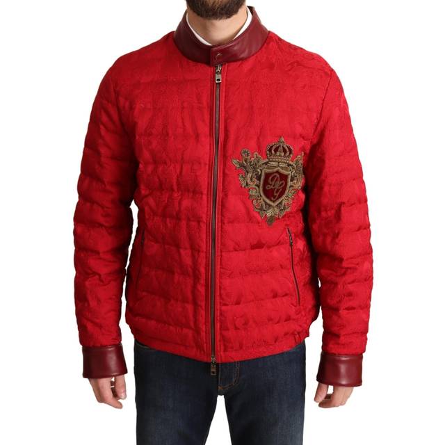 Dolce & Gabbana Red Brocade Bomber Gold Crown Logo Coat Jacket - IT48 | M