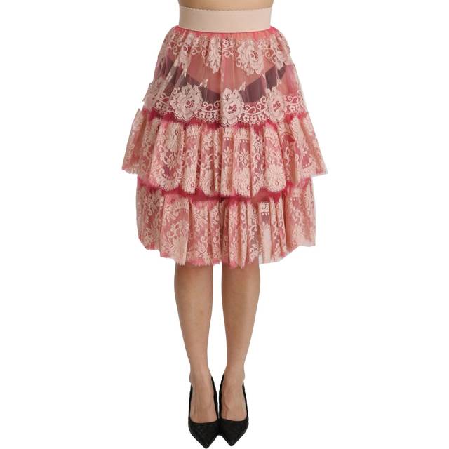 Dolce & Gabbana Pink Lace Layered High Waist Knee Length Skirt - IT40|S (IT40|S)