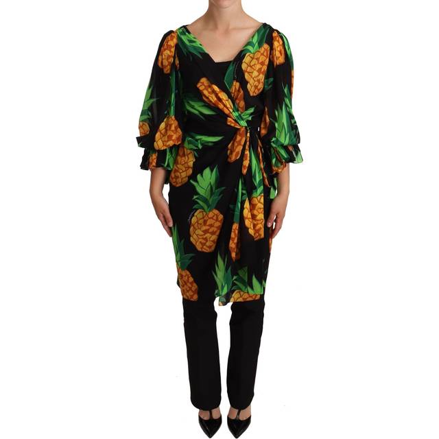 Dolce & Gabbana Black Ananas Print Wrap Stretch Silk Dress - IT36 | XS