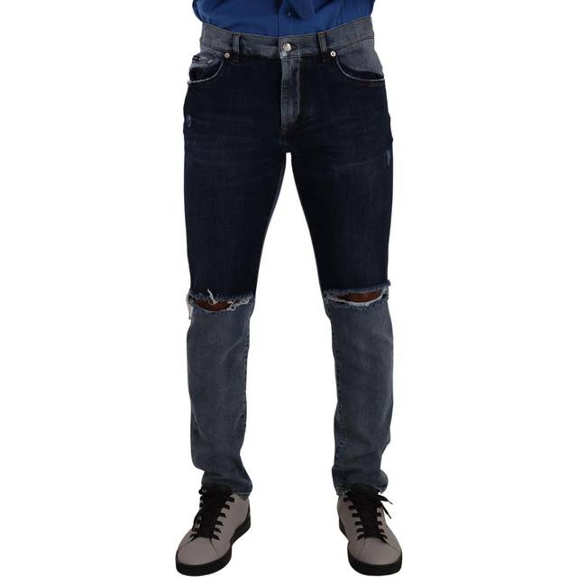 Dolce & Gabbana Blue Two Tone Tattered Cotton Slim Denim Jeans - IT48 | M