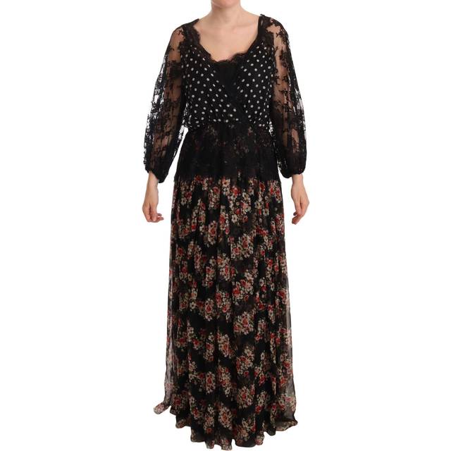 Dolce & Gabbana Black Lace Floral Polka Maxi Capri Dress - IT46|XL