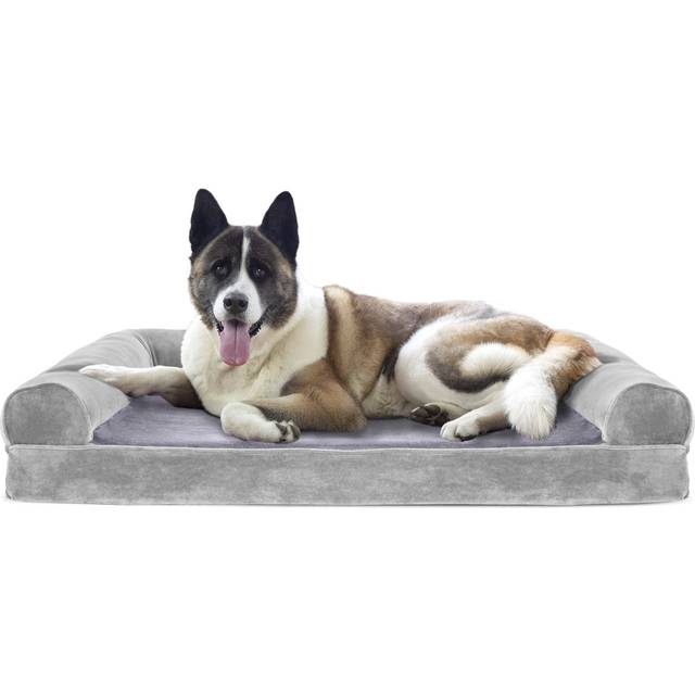 Furhaven Cooling Gel Dog Bed for Large Dogs w/ Removable Bolsters & Washable Cover  For Dogs Up to 95 lbs - Faux Fur & Velvet Sofa - Smoke Gray  Jumbo
