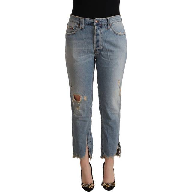 CYCLE Light Blue Distressed Mid Waist Cropped Denim Jeans - W34