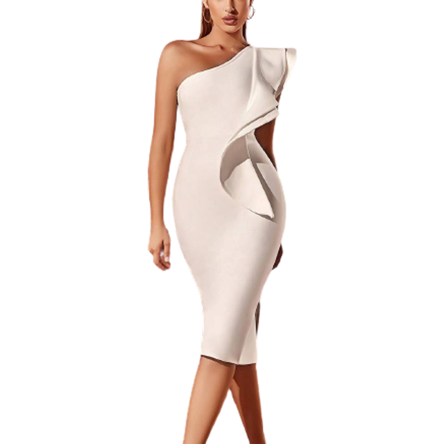 ADYCE One Shoulder Exaggerated Ruffle Bodycon Bandage Cocktail Party Dress White Elegant Prom Semi Formal Wedding Guest Dress, For Birthday, Graduation, Din