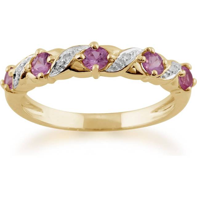 Classic Art Nouveau Round Pink Sapphire & Diamond Half Eternity Ring In 9ct Yellow Gold