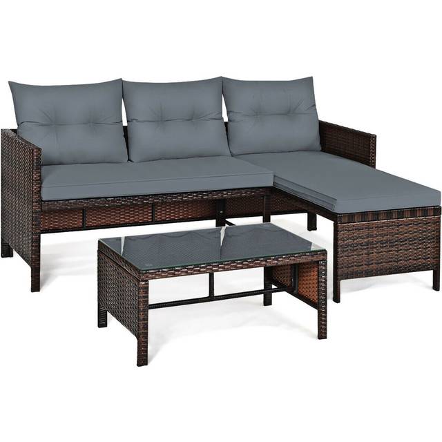 3 Pieces Patio Conversation Bistro Set with Washable Couch Cushion-Grey