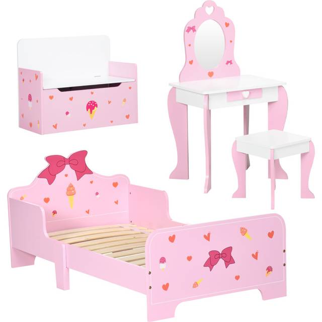 ZONEKIZ 4PCs Kids Bedroom Furniture Set W/ Bed, Toy Box, Dressing Table, Pink