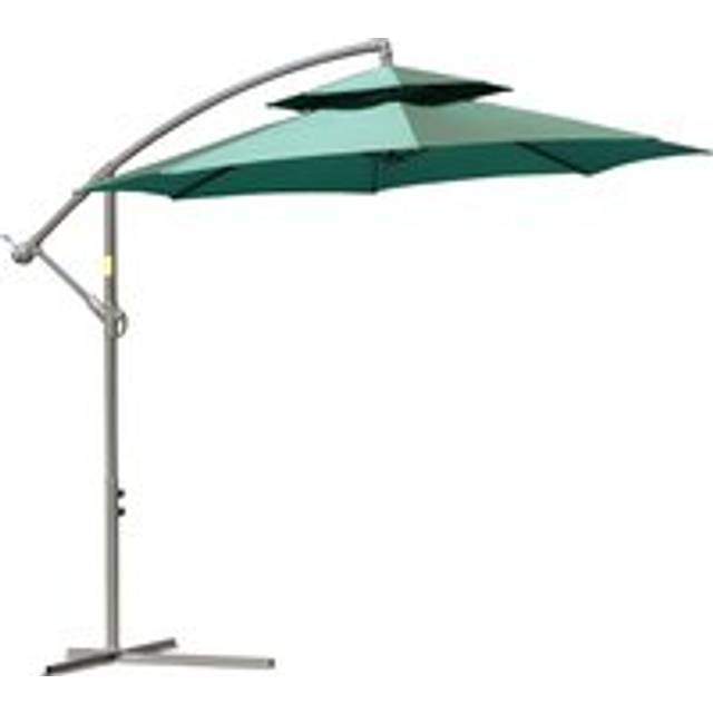 Outsunny 2.7m Cantilever Banana Parasol with Crank Handle, Double Tier Canopy & Cross Base, Outdoor Hanging Sun Shade, Green Aosom UK