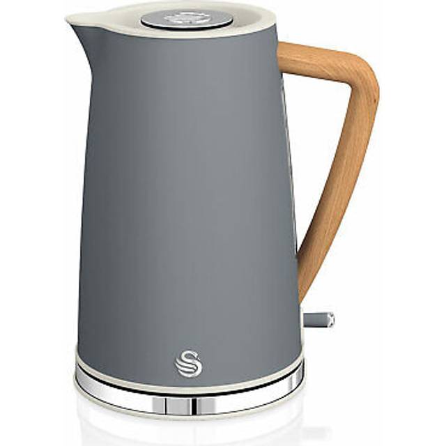 Swan Nordic ultra snabb elektrisk vattenkokare, sladdlös, modern design, 1,7 l, 2 200 W, trähandtag, automatisk avstängning, grå