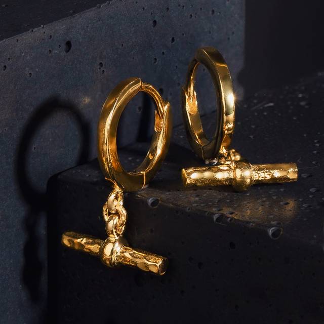 John Greed CANDY Bar Gold Plated Silver T-Bar Huggie Hoop Earrings For Women - gold/silver