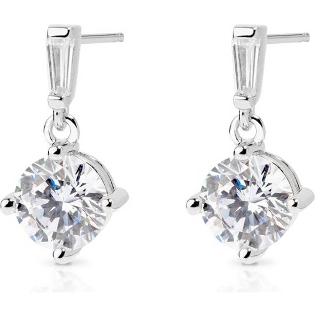 John Greed Signature Silver Baguette & Round CZ Drop Earrings For Women - silver