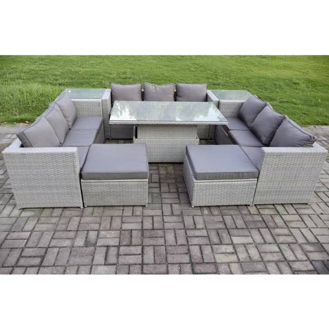 Fimous 11-Seater Rattan-Effect Dining Set with Adjustable Table
