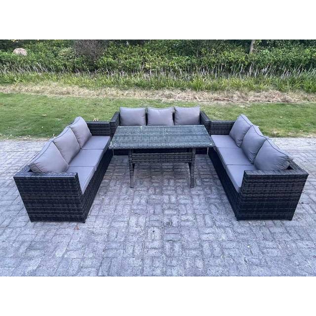 Fimous 9 Seater Outdoor Wicker Garden Furniture Rattan Lounge Sofa Set Patio Rectangular Dining Table Three Seater Sofa