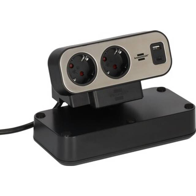 Brennenstuhl Estilo Duplex grenuttag med strömbrytare (förlängningssladd med USB C Power Delivery, 1x USB C och 1x USB A, 10x skyddande kontaktuttag, 2m) silver/svart