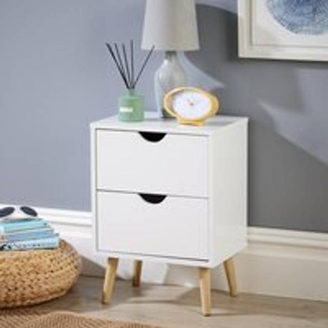 White 2 Drawer Bedside Cabinet Wooden Side Lamp Table Nightstand Scandi Legs
