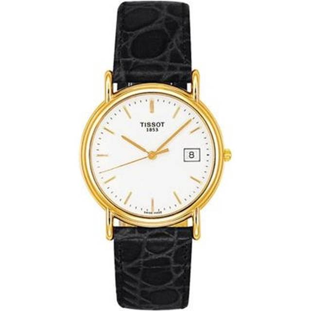 Tissot Carson T71.3.129.11 Women's Quartz Watch, Silver Dial, 18K Yellow Gold Case, Leather Strap