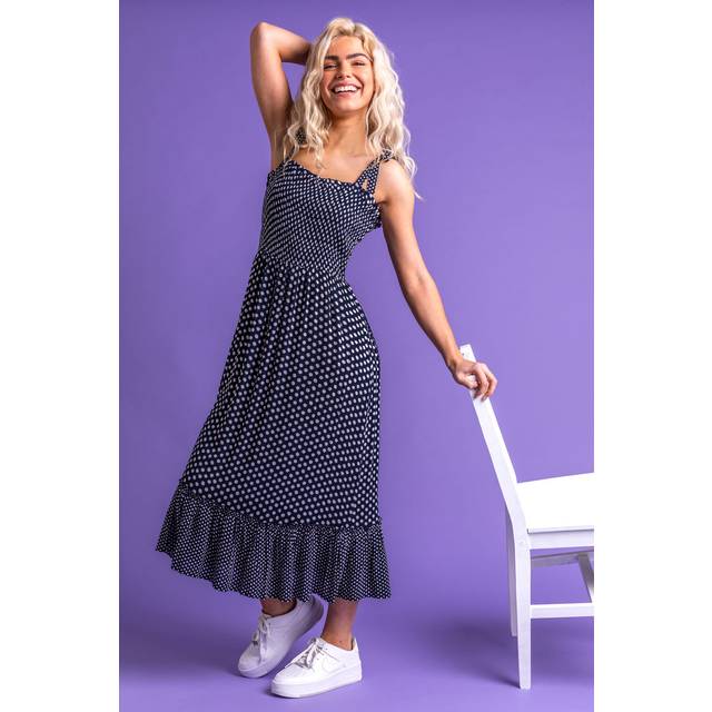 Dusk Womens Frilled Hem Spot Print Maxi Dress - Navy - Size X-Small