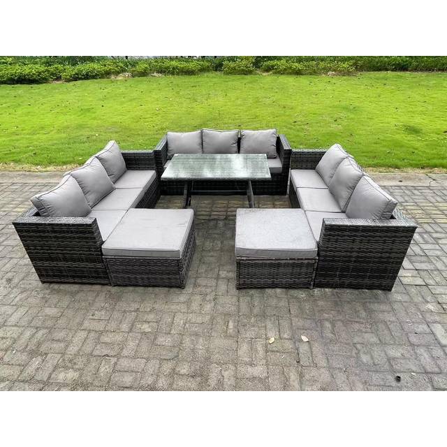 11 Seater Wicker PE Rattan Outdoor Furniture Lounge Sofa Garden Dining Set with Dining Table Footstools - Dark Grey - One Size