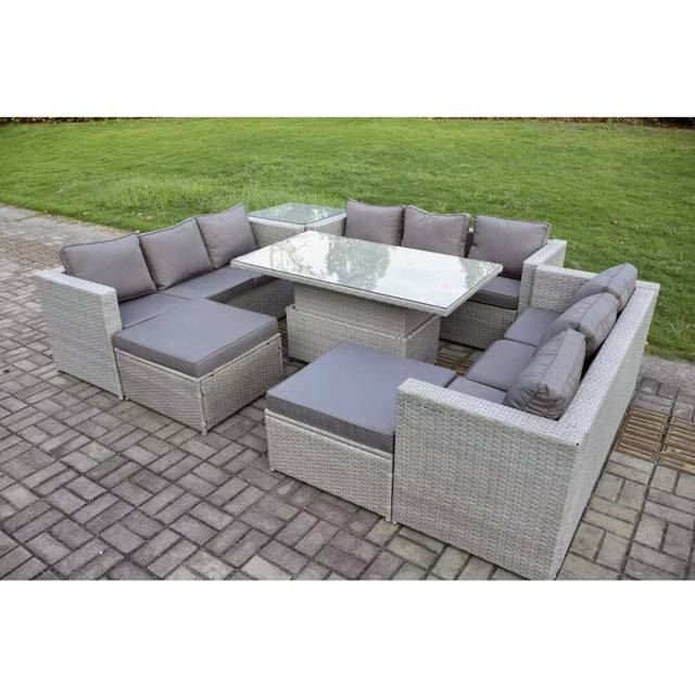 11 Seater Outdoor pe Rattan Garden Funiture Set Height Adjustable Rising Lifting Table Sofa Dining Set with Side Table 2 Big Footstools - Fimous