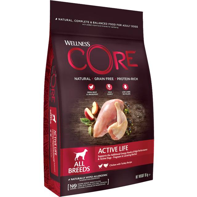 Wellness Core Active Life, hundtorrfoder för aktiva hundar, spannmålsfritt, med hög kötthalt, kalkon och kyckling, 10 kg