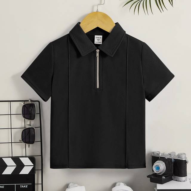 SHEIN Young Boy Plain Black Zip-Up Polo Shirt, Short Sleeve, Regular Fit, Suitable For Summer