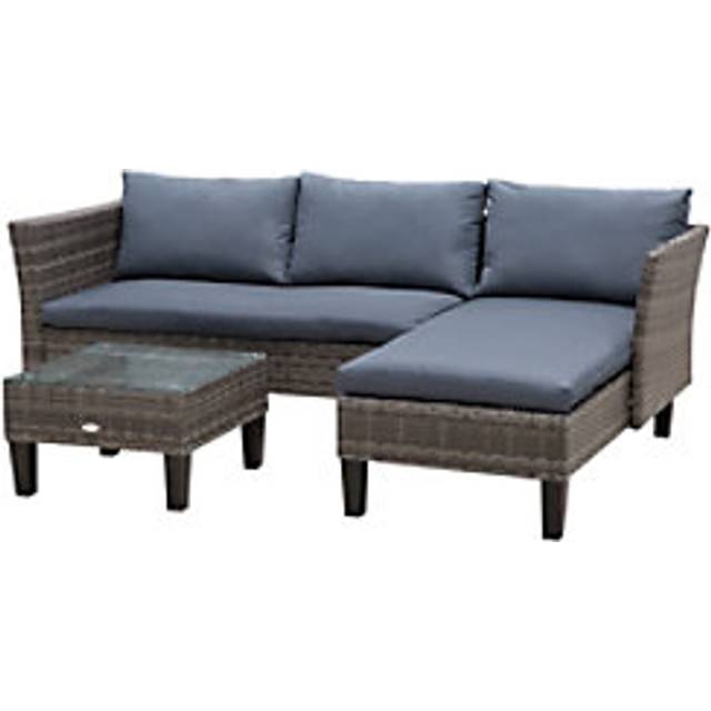 Outsunny 4-Seater Garden Sofa PE Rattan Set w/ 2 Seats Square Glass Top Coffee Table Thick Cushions Solid Legs Patio L Corner Shape, Grey Aosom UK