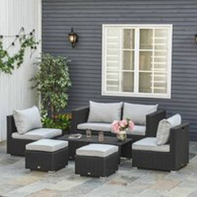 Outsunny 6-Seater Garden Rattan Wicker Sofa Set w/ Coffee Table, Wicker Weave Chair, Space-saving Footstool, Padded Cushions, Black Aosom UK