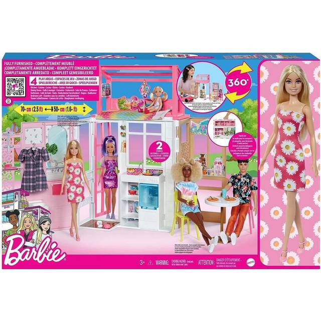 Dollhouse Playset with Barbie Doll & House with 2 Levels & 4 Play Areas, Fully Furnished, with Pet Puppy & Accessories, Gift for Kids 3 Years Old and
