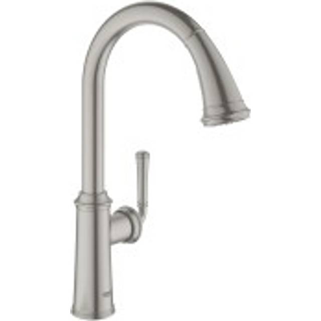 Grohe - Gloucester c spout sink mixer with pull-out 2-jet hand shower, brushed stainless steel (G30422DC0)