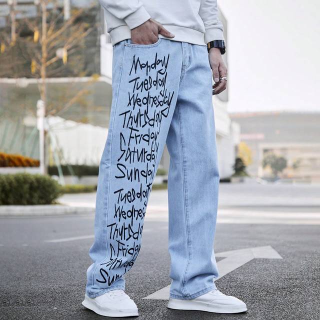 Manfinity Men&#39;s Relaxed Fit Jeans With Slogan Print, Plain Long Washed Baggy Light Blue Cargo Jeans, For Husband, Boyfriend Gifts