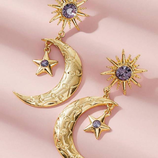SHEIN 1pair Women&#39;s Unique Design Gold-color Sun, Moon And Stars Shaped Blue Rhinestone Earrings