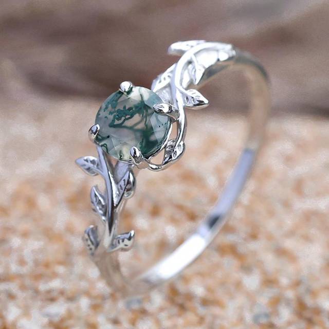 SHEIN 1pc Natural Moss Agate Ring 925 Sterling Silver Green Moss Agate Ring Promise Ring Engagement Wedding Jewelry Gift for Women