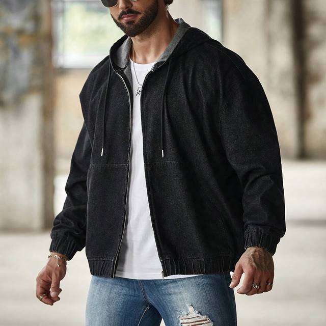 Manfinity Men&#39;s Zipper Closure, Drawstring Hooded, Over-Sized Denim Jacket