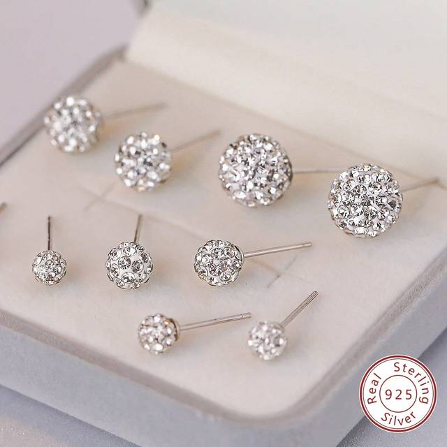 SHEIN 1 Pair Simple Fashion 925 Sterling Silver Diamond Shamballa Ball Stud Earrings, Suitable For Daily Wear