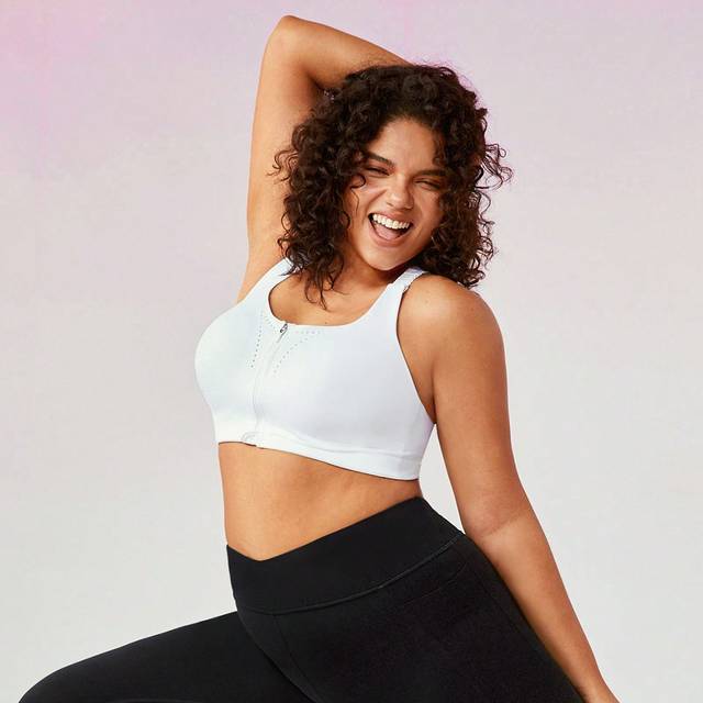 GLOWMODE Plus Medium Support Black Zip Front Buckle Up Racerback Wide Adjustable Strap Sports Bra Yoga Plus Size Sports Bra