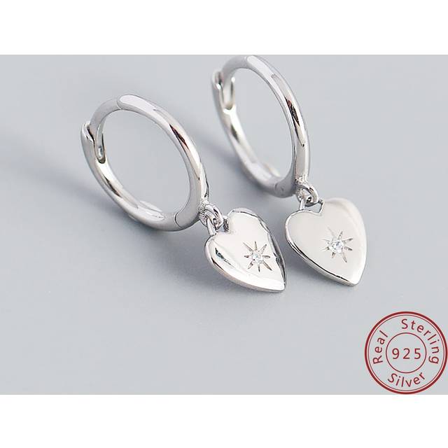 SHEIN 1pair Women&#39;s S925 Silver Heart Shaped Earrings With Eight-Pointed Star And Set Rhinestone Design Ear Clasp Studs Valentines
