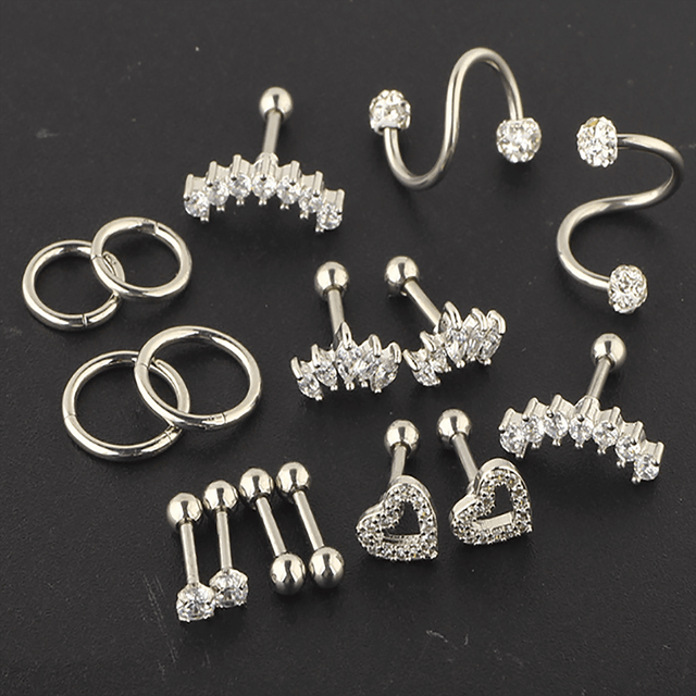 SHEIN 16pcs 16G Cartilage Earring Tragus Piercing Jewelry,Daith Earrings Helix Conch Stud Screw Cubic Zirconia Earrings Studs Small Hoop Earring For Women