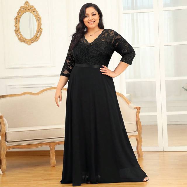 MIUSOL Plus Contrast Lace V-Neck Chiffon Zip Back Formal Party Dress, Wedding Guest Dress, Evening Dress, Gown