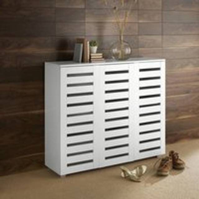 (White) Home Source Oslo 3 Door Slatted Shoe Cabinet Storage Unit