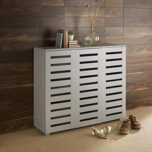 (Grey) Home Source Oslo 3 Door Slatted Shoe Cabinet Storage Unit
