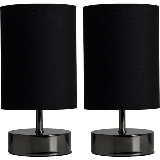 Malin Pair of Modern Black Chrome Touch Dimmer Bedside Table Lamps with Black Light Shades