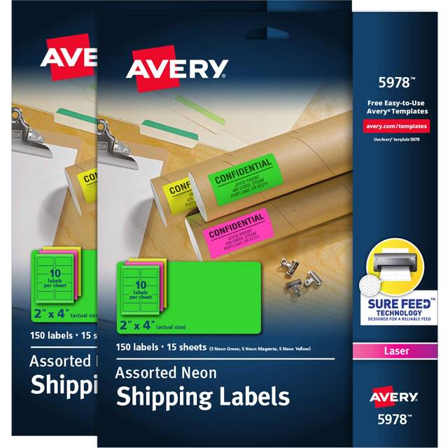 "Avery Printable Neon Address Labels with Sure Feed  2"""""""" x 4""""""""  Assorted Colors  2 Packs  300 Labels Total (5643)"