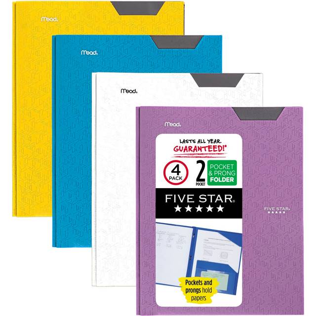 "Five Star 2 Pocket Folders  4 Pack  Plastic Folders with Stay-Put Tabs and Prong Fasteners  Holds 8-1/2  x 11"""" Paper  Writable Label  Tidew"