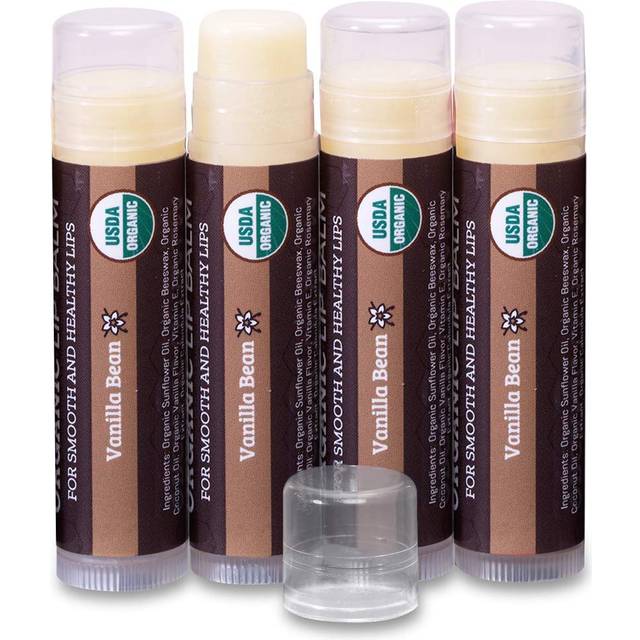 USDA Organic Lip Balm 4-Pack by Earth's Daughter - Vanilla Flavor  Beeswax  Coconut Oil  Vitamin E - Best Lip Repair Chapstick for Dry Cracked Lips.