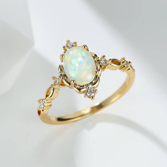 Vanel 1pc Golden Vintage Palace Style Four Prong Set Egg-shaped Synthetic Opal Ring