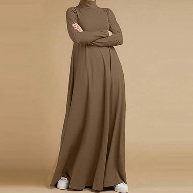 Polokrage Lång Ärm Casual Lös Enfärgad Klänningar - Kaki (L,M,S,XL)
